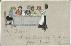 Woman serving cake at dinner table Women Postcard Postcard