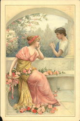 Woman with Flowers and Man Playing Flute Postcard