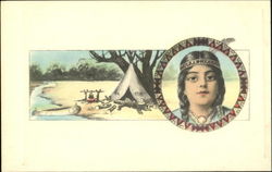 Indian Girl and Creekside Teepee Dwelling Postcard