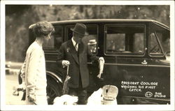 President Coolidge Weighing His First Catch Postcard