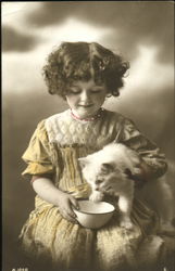 Young Girl with White Cat and Bowl Postcard