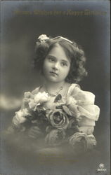 Sincere Wishes For A Happy Birthday: Little girl holds roses Children Postcard Postcard