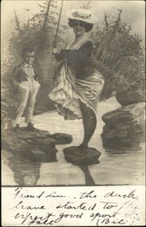 Woman and Boy Standing in River Postcard