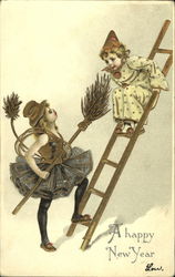 Girl Chimney Sweep and Clown on Ladder  Postcard