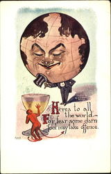 The personification of the World in a tuxedo looking at cup with devil behind the cup Devils Postcard Postcard