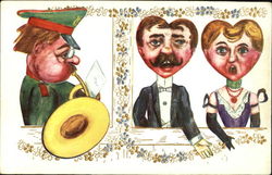 A Man Playing a Horn for a Couple Hearts Postcard Postcard