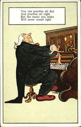 an old man practicing his piano in his tuxedo Caricatures Postcard Postcard