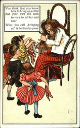 Children with a ripped book look at and old lady Caricatures Postcard Postcard