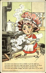 Woman and s Smoking Stove Caricatures Postcard Postcard