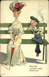 A sailor trying to pick up a 'lady' while she sits on a park bench Postcard