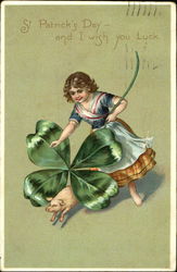 Girl with Clover and Pig Postcard