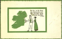 A Man Wearing a Hat and a Lady in a Green Dress Postcard