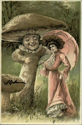 Woman with Pink Parasol Meets Motherly Mushroom Fantasy Postcard Postcard