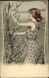 Young Woman Amid the Pussy Willows Postcard