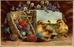 Easter Greetings - Chicks and Decorated Eggs With Chicks Postcard Postcard