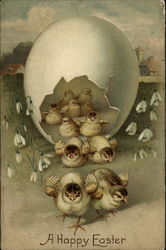 A Happy Easter - Chicks Hatching out of a Large Egg With Chicks Postcard Postcard