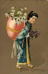 Easter Greetings - Woman in Japanese Attire Eggs Postcard Postcard