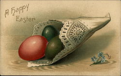 A Happy Easter - Colored Eggs Wrapped in a Doily Postcard