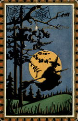 Halloween Greetings, Silhouette of witch on broom in front of moon Postcard