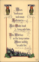 Hollowe'en poem featuring owls and witches Halloween Postcard Postcard