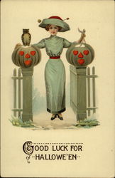 Good Luck for Halloween - Woman with Jack 'O Lanterns Postcard