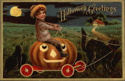 Halloween Greetings - Boy Riding on a Pumpkin Postcard