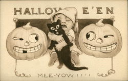 Halloween Mee-Yow! Baby with Cat and Jack O'Lanterns Postcard