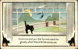 Black Cat Looking out Window at Witch Postcard