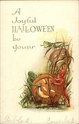 A Joyful Halloween Be Yours - Devils and Jack O'Lanterns Postcard