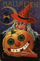 Halloween Greetings with Witch in Red Hat Postcard