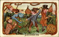 Halloween with Elves Playing in Pumpkin Patch Postcard Postcard