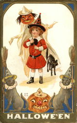 Halloween: Little Boy, Cats and Pumpkin Postcard Postcard