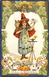 Little Girl Witch Performing Magic Tricks Halloween Postcard Postcard