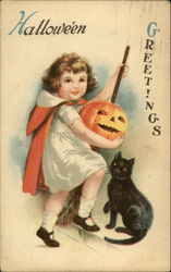 Halloween Greetings - Young Girl with Cat and Jack O'Lantern Postcard Postcard