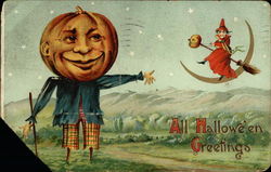 Pumpkin Scarecrow & Witch on Moon Halloween Postcard Postcard