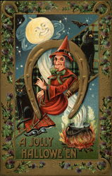 A Jolly Halloween with Witch in Horseshoe Postcard Postcard