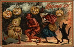 Halloween: Pumpkins, Witch, Devil, and Black Cat Postcard Postcard