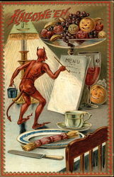 Halloween, devil making menu for dinner Postcard Postcard