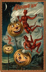 Halloween Devils and Jack O' Lanterns Postcard