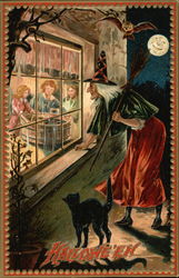 A Witch and a Black Cat on Halloween Postcard Postcard