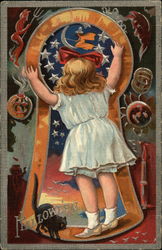 Girll Looking through Giant Keyhole Halloween Postcard Postcard