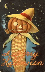 A Merry Halloween - Pumpkin and Corncob Scarecrow Postcard Postcard