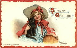 Halloween Greetings - Girl with Cat and Pumpkin Postcard Postcard