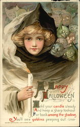 Halloween Girl with Candle & Goblins Postcard Postcard