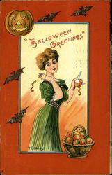 Halloween Greetings - Woman Peeling Apples Postcard