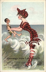 Daring Hold-Ups Are Frequent on the Beach Superior Women / Tiny Men Postcard Postcard