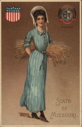 State of Missouri with Woman in Blue Dress Postcard