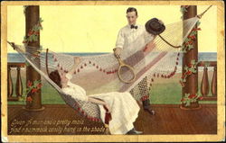 Woman in hammock, Man with Tennis Racket Romance & Love Postcard Postcard