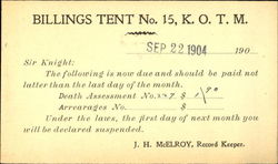 KOTM Billings Tent No. 15 Montana Fraternal Postcard Postcard