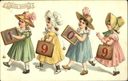 Bonne Annee 1909 Girls with Numbers Children Postcard Postcard